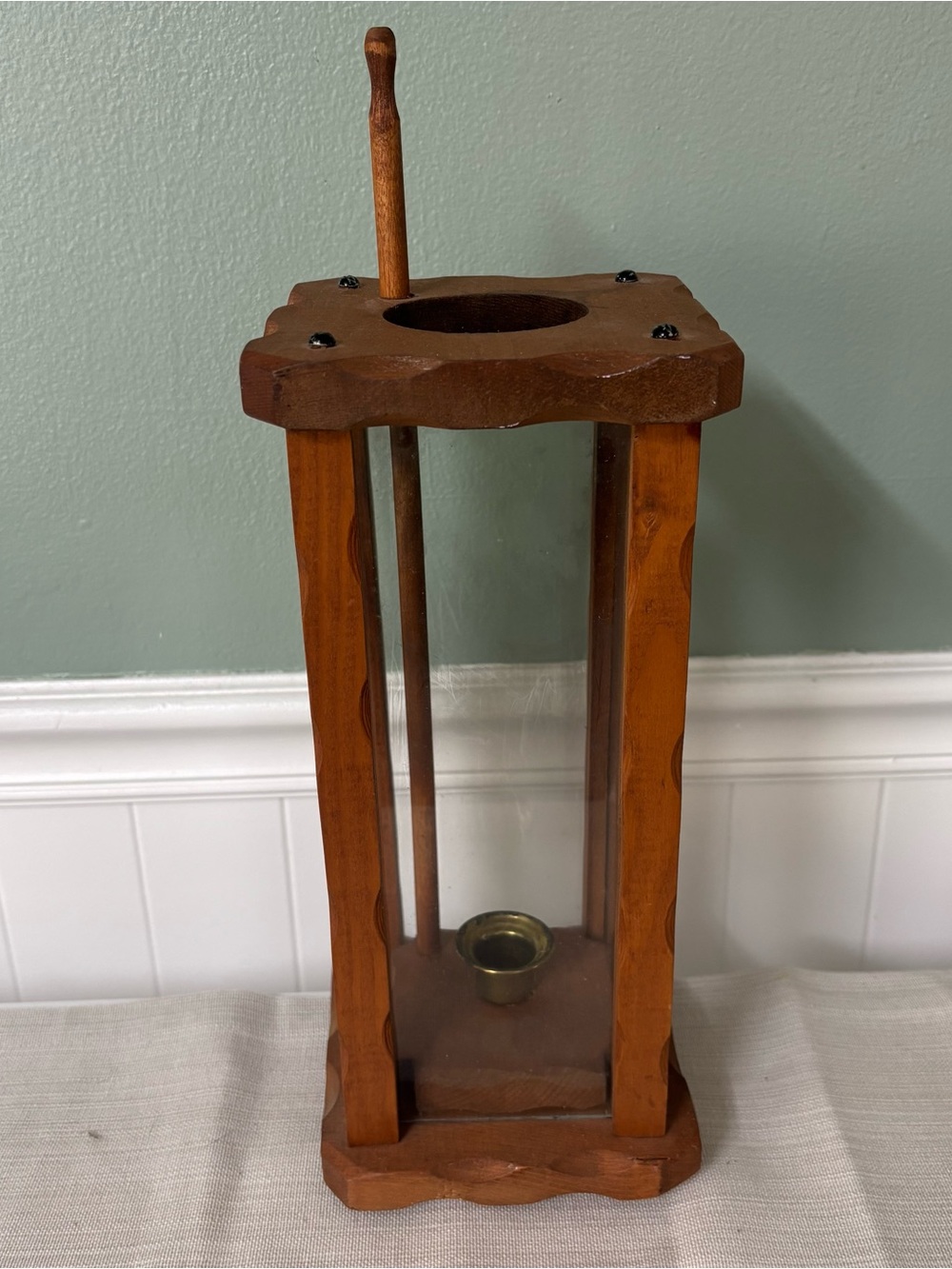 Vintage Wood Candle Lantern with Candle Lift Rustic Dark Brown